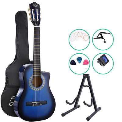 Alpha 34" Inch Guitar Classical Acoustic Cutaway Wooden Ideal Kids Gift Children 1/2 Size Blue with Capo Tuner_15793