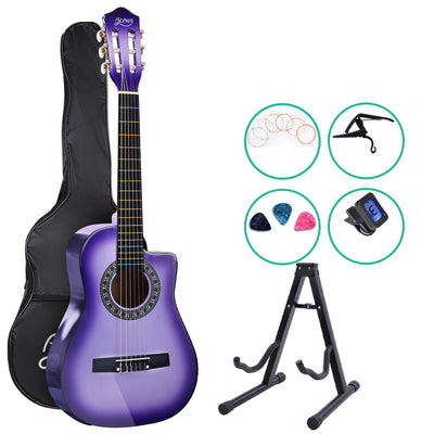 Alpha 34" Inch Guitar Classical Acoustic Cutaway Wooden Ideal Kids Gift Children 1/2 Size Purple with Capo Tuner_15791