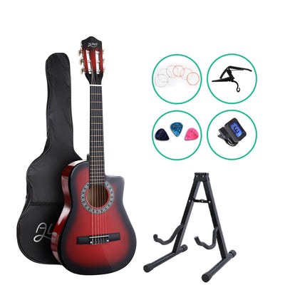 Alpha 34" Inch Guitar Classical Acoustic Cutaway Wooden Ideal Kids Gift Children 1/2 Size Red with Capo Tuner_15792