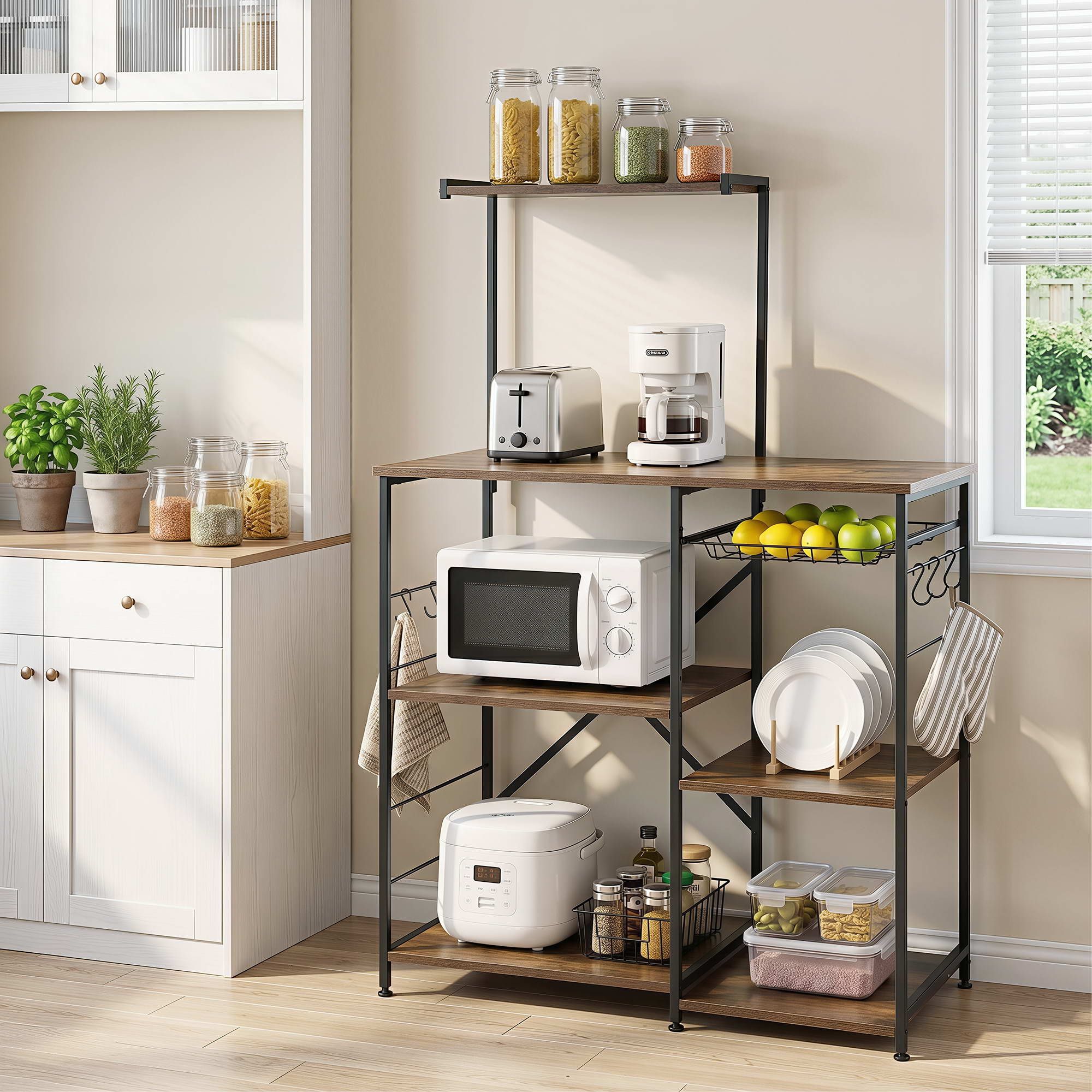 4-Tier Kitchen Rack with Pull Out Basket 6 Hooks Microwave Storage She ...