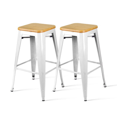 Artiss Set of 2 Metal and Bamboo Bar Stools - White_11119