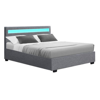 Artiss Cole LED Bed Frame Fabric Gas Lift Storage - Grey Double_35650