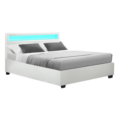 Artiss Cole LED Bed Frame PU Leather Gas Lift Storage - White Double_35412