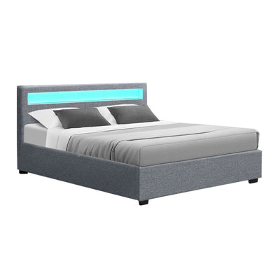 Artiss Cole LED Bed Frame Fabric Gas Lift Storage - Grey Queen_35651