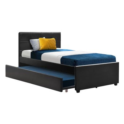 Artiss Trundle Bed Frame King Single Size Black Leather_36410