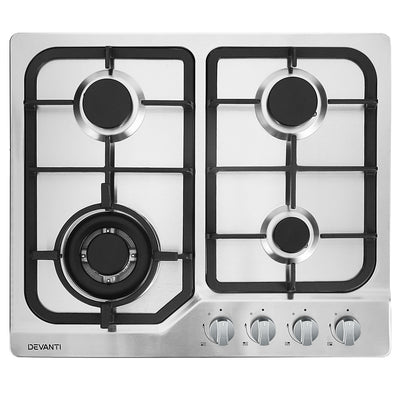 Devanti Gas Cooktop 60cm Gas Stove Cooker 4 Burner Cook Top Konbs NG LPG Steel_15575