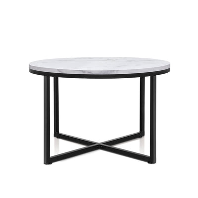 Artiss Coffee Table Marble Effect Side Tables Bedside Round Black Metal 70X70CM_35658