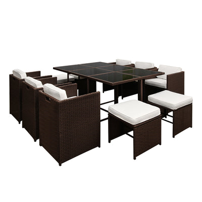 Gardeon 11 Piece PE Wicker Outdoor Dining Set - Brown & White_30362