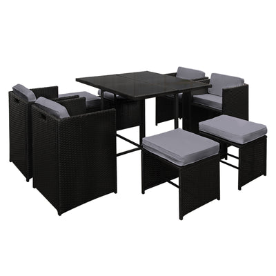 Gardeon 9 Piece Wicker Outdoor Dining Set - Black & Grey_30364