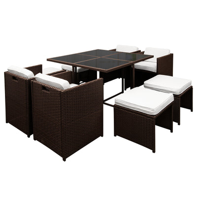 Gardeon 9 Piece Wicker Outdoor Dining Set - Brown & White_30365