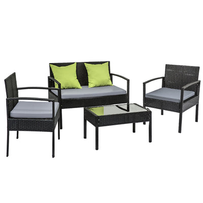 4 Seater Sofa Set Outdoor Furniture Lounge Setting Wicker Chairs Table Rattan Lounger Bistro Patio Garden Cushions Black_30390