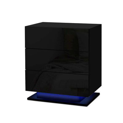 Artiss Bedside Tables Side Table RGB LED Lamp 3 Drawers Nightstand Gloss Black_36228