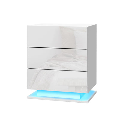 Artiss Bedside Tables Side Table RGB LED Lamp 3 Drawers Nightstand Gloss White_36229