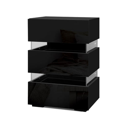 Artiss Bedside Table Side Unit RGB LED Lamp 3 Drawers Nightstand Gloss Furniture Black_36182