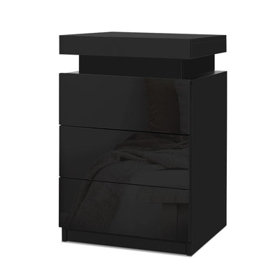 Artiss Bedside Tables Side Table 3 Drawers RGB LED High Gloss Nightstand Black_35900