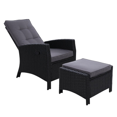 Sun lounge Recliner Chair Wicker Lounger Sofa Day Bed Outdoor Furniture Patio Garden Cushion Ottoman Black Gardeon _34914