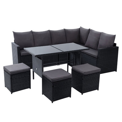 Gardeon Outdoor Furniture Dining Setting Sofa Set Lounge Wicker 9 Seater Black_34558