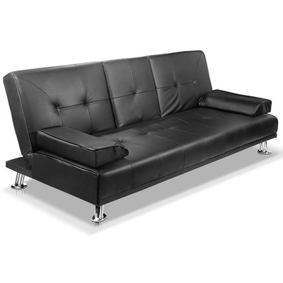 Artiss 3 Seater PU Leather Sofa Bed - Black_30040