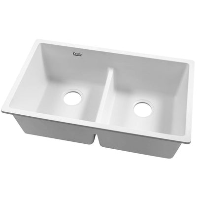 Cefito Stone Kitchen Sink 790X460MM Granite Under/Topmount Basin Double Bowl White_35871