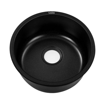 Cefito Stone Kitchen Sink Round 430MM Granite Under/Topmount Basin Bowl Laundry Black_14199