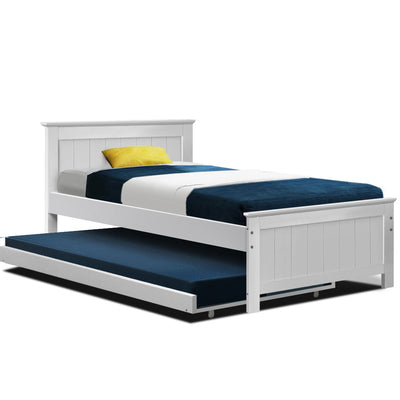 Artiss Wooden Trundle Bed Frame Timber Slat King Single Size White_33519